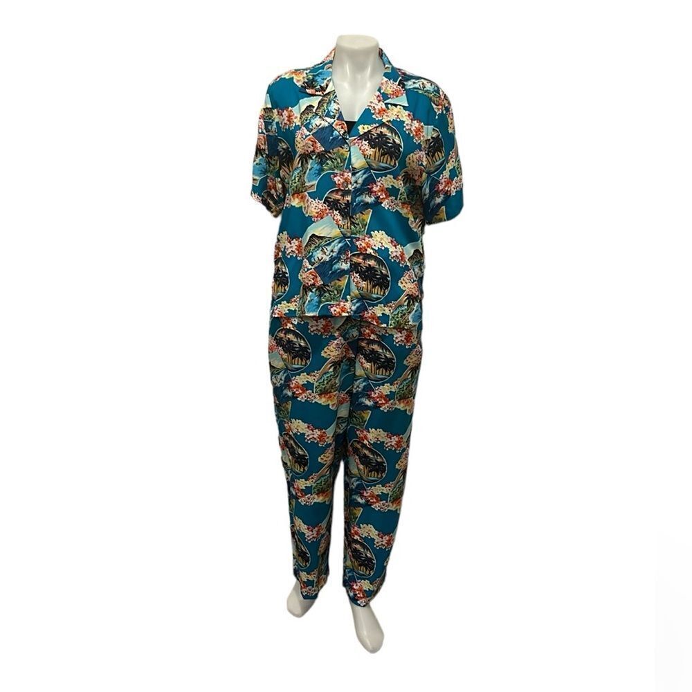 Notations vintage Hawaiian print button down top & pull on pants size LP NWT